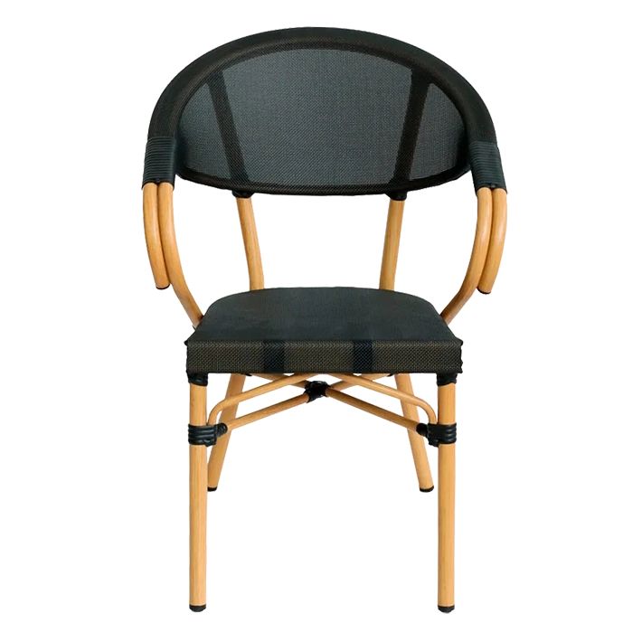 Alt Sillón Nantes Negro fabricado con materiales resistentes, como son el aluminio y el textilene, ideales para el uso intensivo profesional. Sillón bistró de estilo parisino apilable EME Mobiliario 