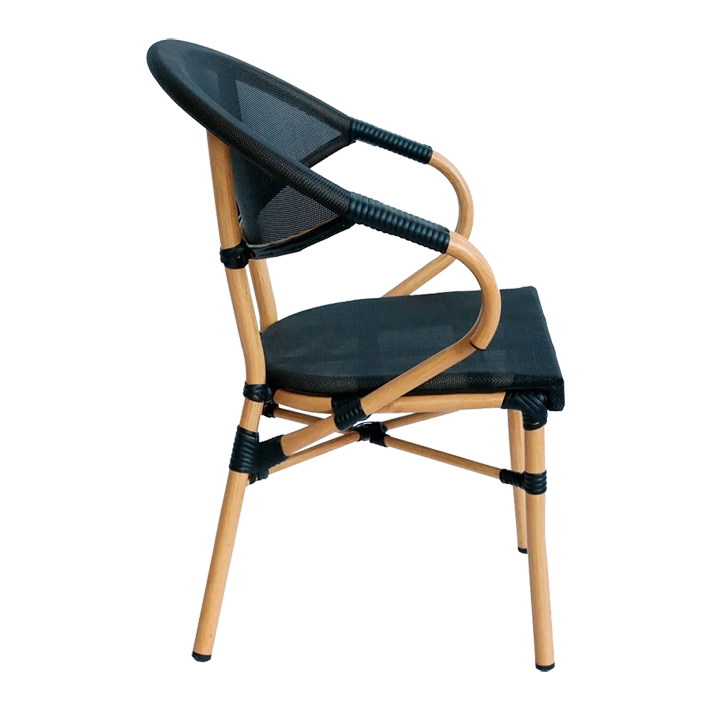 Alt Sillón Nantes Negro fabricado con materiales resistentes, como son el aluminio y el textilene, ideales para el uso intensivo profesional. Sillón bistró de estilo parisino apilable EME Mobiliario 