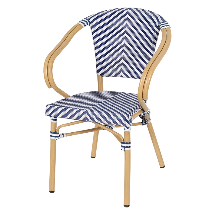 Alt Sillón París Azul fabricado en aluminio y en un textilene trenzado con un bonito diseño en color blanco y azul, totalmente apilable EME Mobiliario 