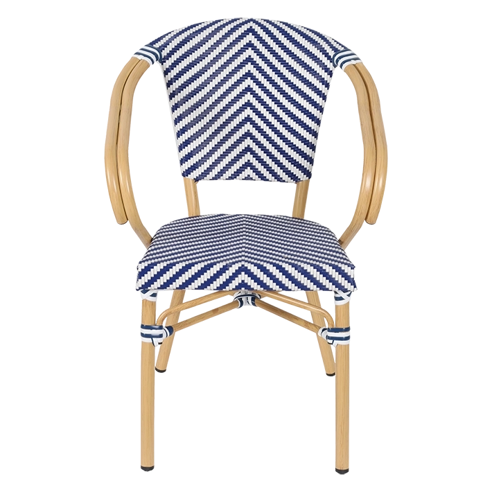 Alt Sillón París Azul fabricado en aluminio y en un textilene trenzado con un bonito diseño en color blanco y azul, totalmente apilable EME Mobiliario 