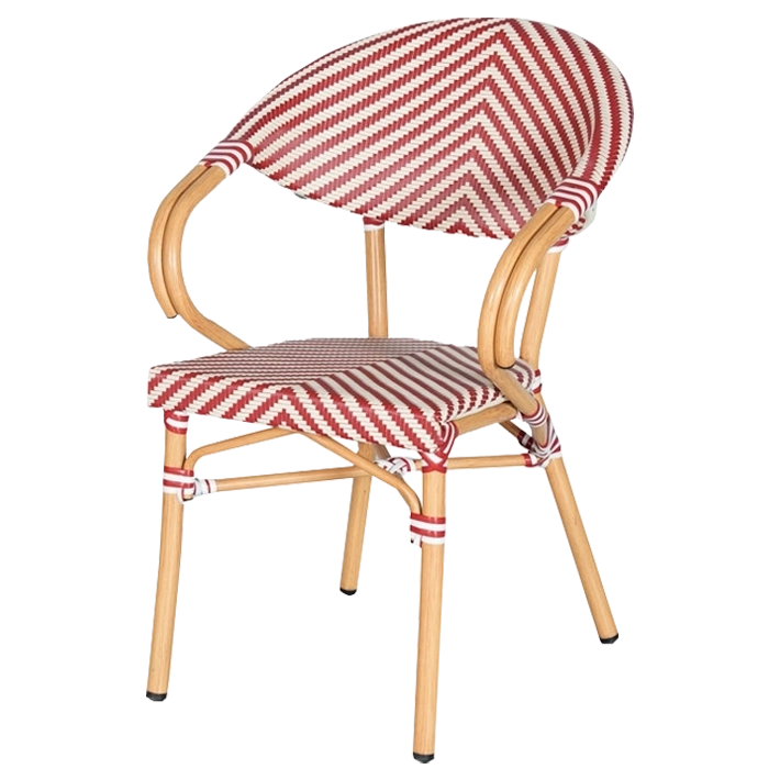 Alt Sillón París Rojo fabricado con textilene trenzado en color rojo y blanco y estructura de aluminio que imita a la madera para hostelería EME Mobiliario 