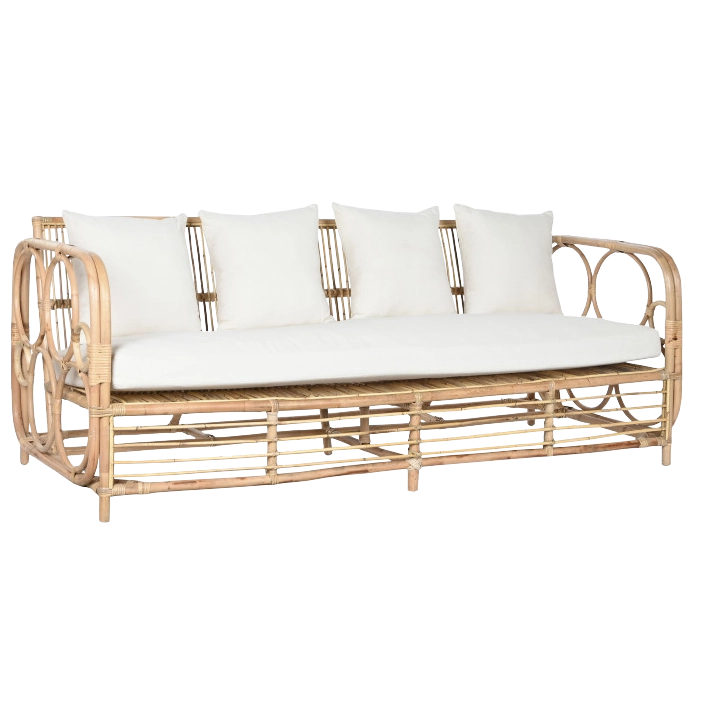 Alt Sofá fabricado en ratán con un bonito diseño y cojines blancos de algodón para chillout EME Mobiliario