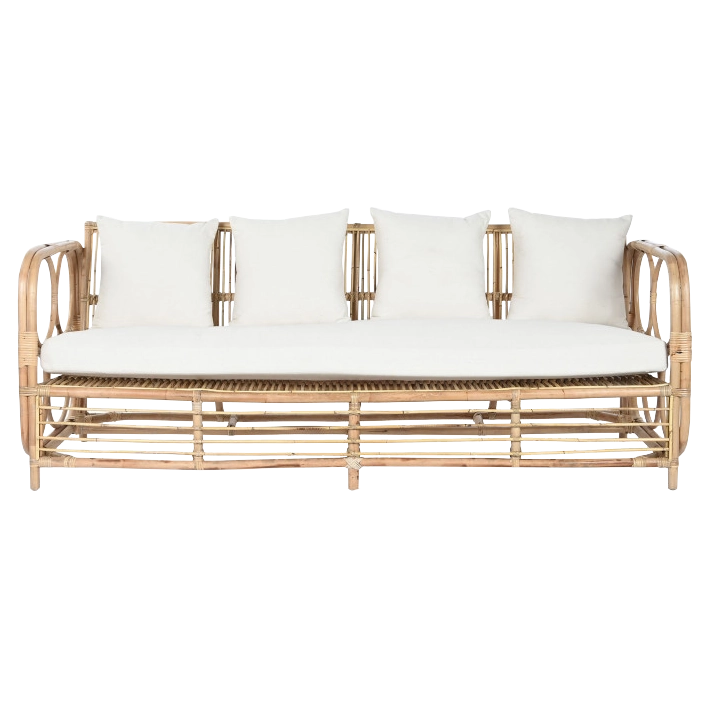 Alt Sofá fabricado en ratán con un bonito diseño y cojines blancos de algodón para chillout EME Mobiliario 