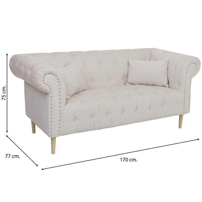 Sofá de 2 plazas capitoné gris con tachuelas y patas de madera – 170 cm perfecto para uso profesional y particular