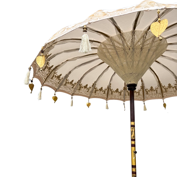 Alt Sombrilla Balinesa Decorada Oro fabricada de forma 100% artesanal apta para eventos y hostelería
