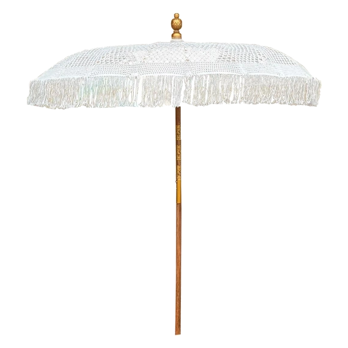 Alt Sombrilla Balinesa Macramé dosel de algodón y poste tallado ideal para eventos y hostelería