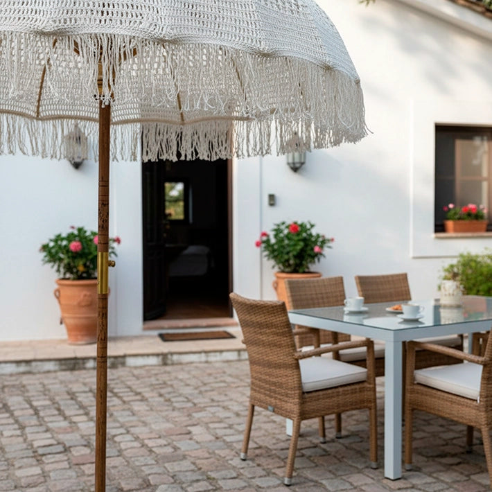 Alt Sombrilla Balinesa Macramé fabricación artesanal materiales 100% naturales EME Mobiliario