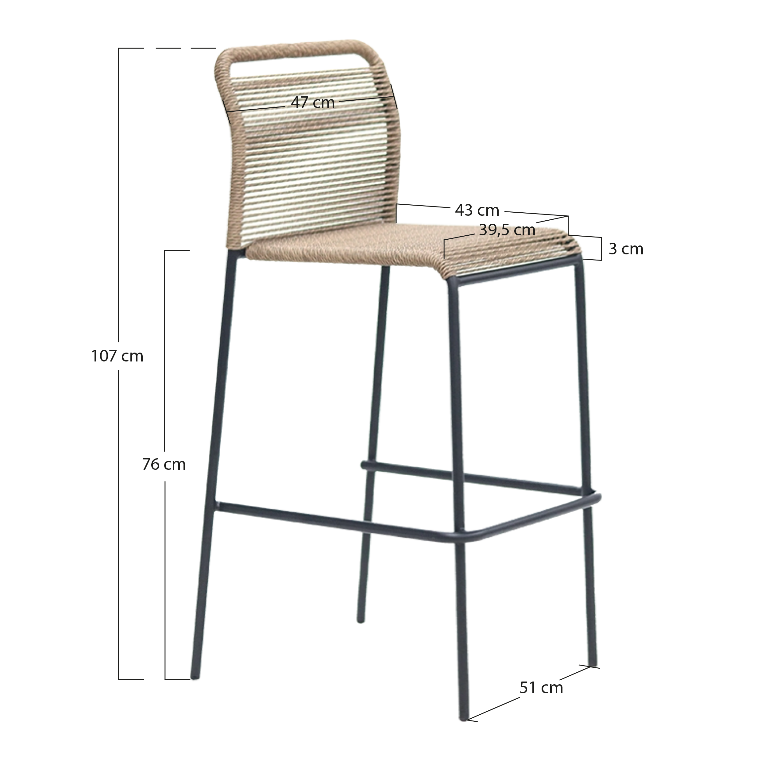 Alt Taburetes Ibiza Con estructura de acero en acabado negro y asiento de cuerda ideal para hostelería EME Mobiliario