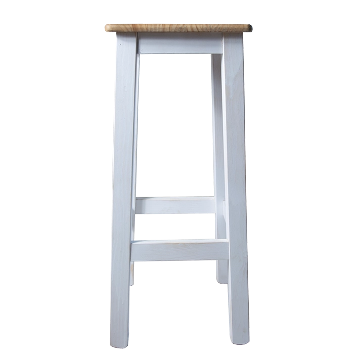 Alt Taburete Madera Blanco Natural fabricada en madera de pino con un acabado envejecido totalmente apilable ideal para eventos y hostelería EME Mobiliario