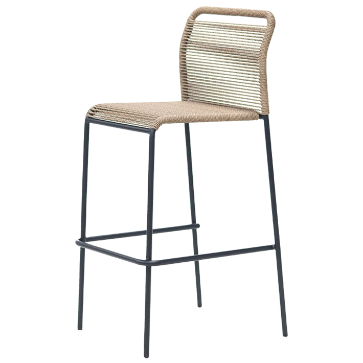 Alt Taburete Ibiza Negro con estructura y diseño apilable de acero en color negro y cuerda sintética en color natural ideal para el uso intensivo profesional EME Mobiliario 