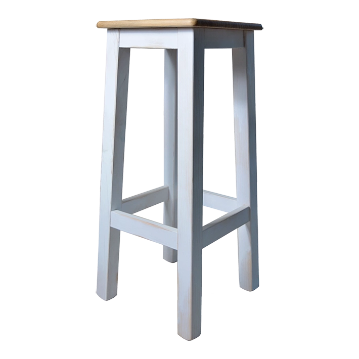 Alt Taburete Madera Blanco Natural fabricada en madera de pino con un acabado envejecido totalmente apilable ideal para eventos y hostelería EME Mobiliario 