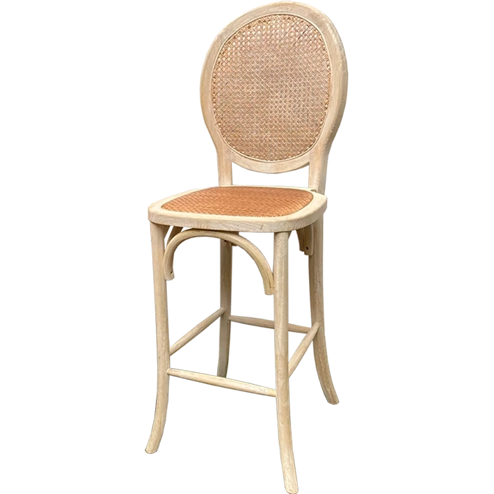 Alt Taburete Medallón Decapado fabricado en madera de olmo y ratán, con asiento de rejilla, tiene un acabado vintage perfecto para el uso intensivo profesional EME Mobiliario 