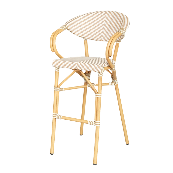 Alt Taburete París Beige fabricado en aluminio y textilene trenzado con reposabrazos ideal para uso intensivo profesional