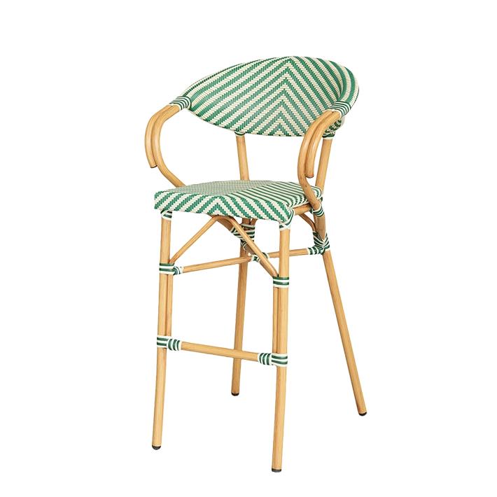 Alt Taburete París Verde fabricado en aluminio y textilene trenzado con reposabrazos ideal para uso intensivo profesional