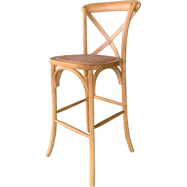 Alt Taburete Crossback Iroko fabricado en madera de olmo con asiento en ratán. Comodidad y elegancia para usar en eventos y establecimientos de hostelería EME Mobiliario 