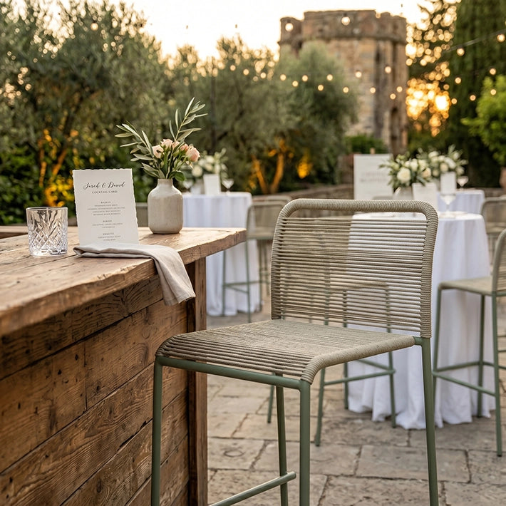 Alt Taburete Ibiza Verde fabricado en acero con asiento de cuerda, ideal para Eventos, Hogar y Hostelería EME Mobiliario