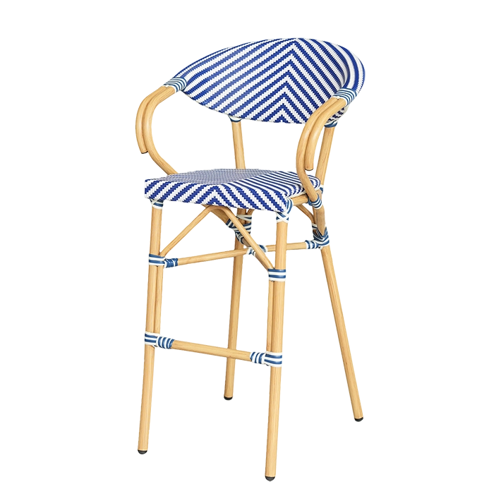 Alt Taburete París Azul fabricado en aluminio y textilene trenzado con reposabrazos ideal para uso intensivo profesional