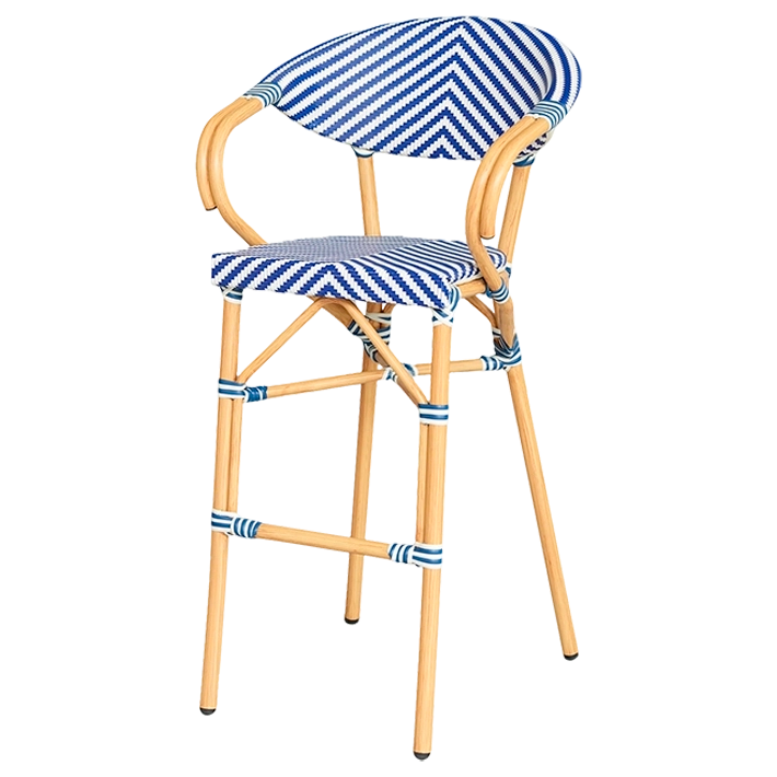 Alt Taburete Paris Azul fabricada en acero imitación ratán y textilene trenzado para hostelería