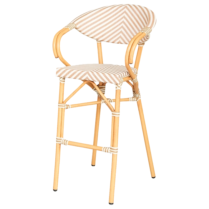 Alt Taburete Paris Beige fabricada en acero imitación ratán y textilene trenzado para hostelería