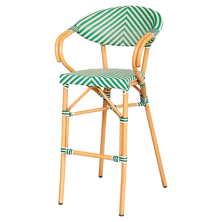 Alt Taburete Paris Verde fabricada en acero imitación ratán y textilene trenzado para hostelería