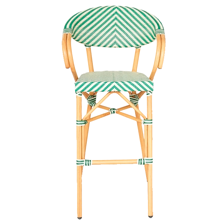Alt Taburete Paris Verde fabricada en acero imitación ratán y textilene trenzado para hostelería