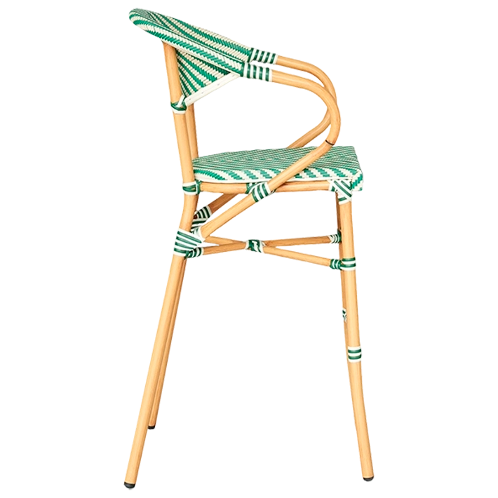Alt Taburete Paris Verde fabricada en acero imitación ratán y textilene trenzado para hostelería