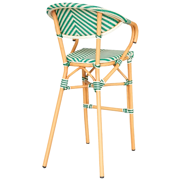 Alt Taburete Paris Verde fabricada en acero imitación ratán y textilene trenzado para hostelería