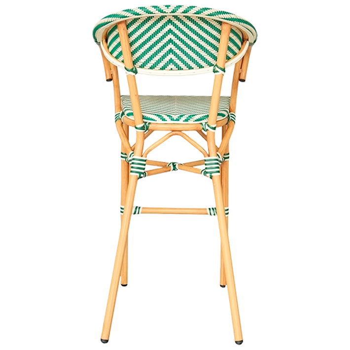 Alt Taburete Paris Verde fabricada en acero imitación ratán y textilene trenzado para hostelería