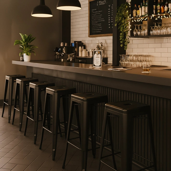 Alt Taburetes Tolix fabricados de acero con un acabado en negro EME Mobiliario