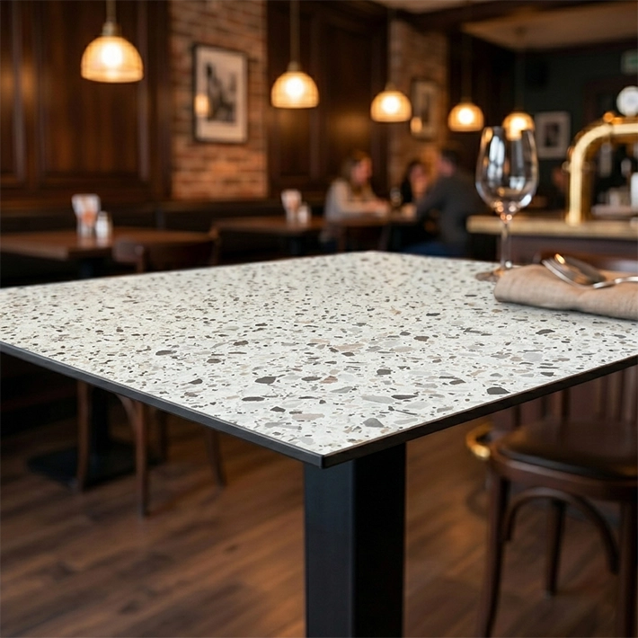 Alt Tapas de Mesa fabricadas HPL con estampado de Terrazo, perfectas para Usos en Hostelería EME Mobiliario