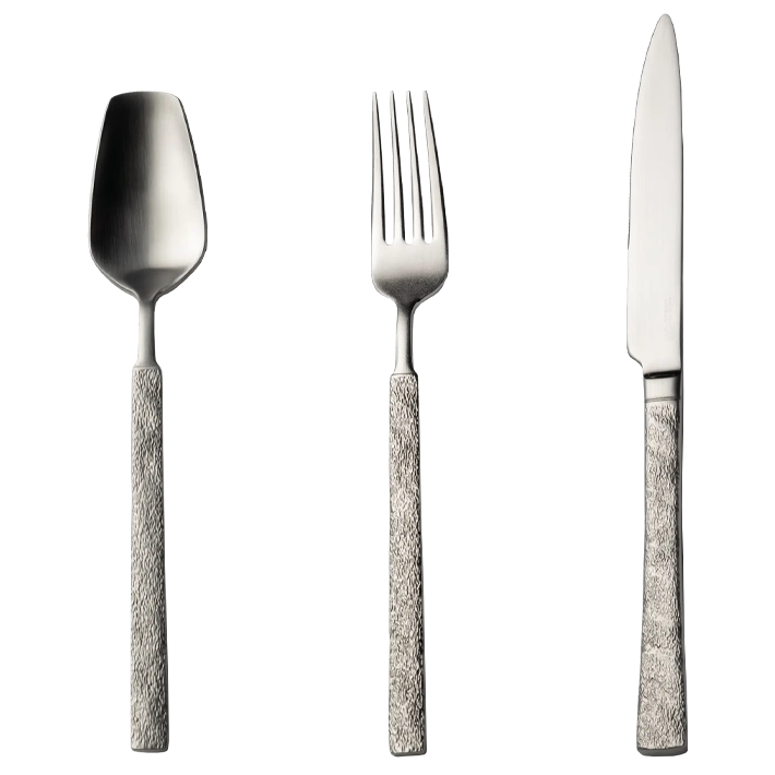 Alt Cubertería Taranto Diamond fabricada con acero inox 18/0 con un diseño original de grabado en el mando ideal para el uso intensivo profesional EME Mobiliario 