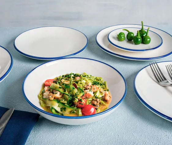 Alt Vajilla Sotavento Filo Azul fabricada con melamina de alta calidad para eventos y hostelería EME Mobiliario 