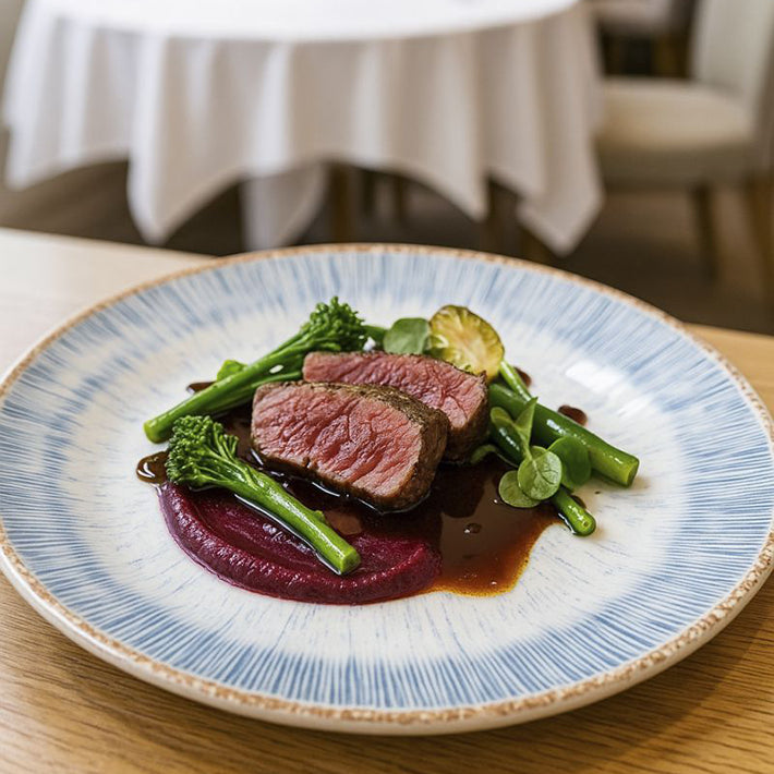 Alt Vajilla Albus Azur fabricadas en porcelana para Eventos y Hostelería EME Mobiliario