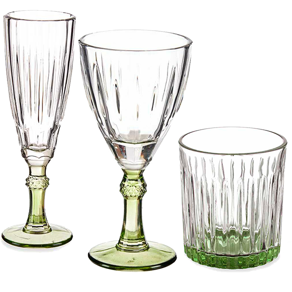 Set de copas de Base Verde de cristal transparente para eventos y hostelería.