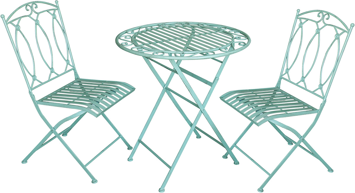 Conjunto Bistró de Forja verde, compuesto por una mesa y dos sillas, para chillout y jardín.