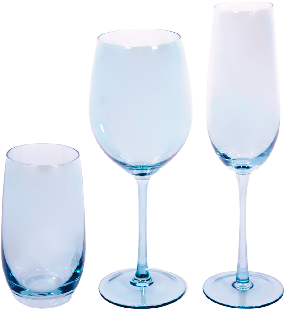 Set de Cristalería Azul, compuesta por vaso, copa de vino y copa de champagne, para eventos y hostelería.