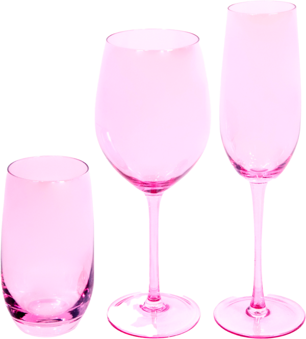 Juego de cristalería en color rosa, compuesta por vaso, copa de vino y copa de champagne para eventos y hostelería.