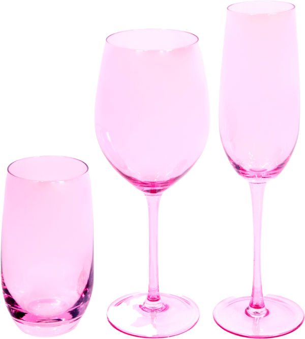 Alt Juego de cristalería en color rosa, compuesta por vaso, copa de vino y copa de champagne para eventos y hostelería.